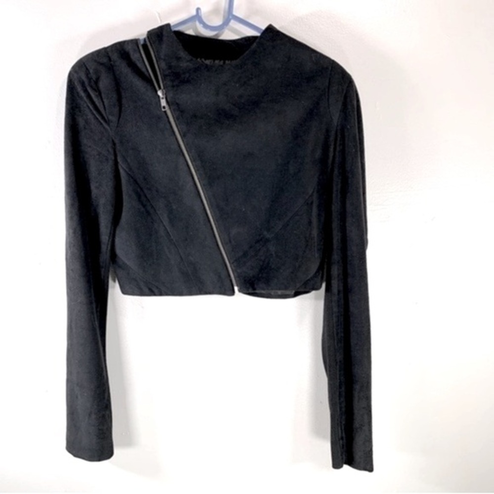 cropped Moto jacket black asymmetrical zipper long sleep crop top faux suede